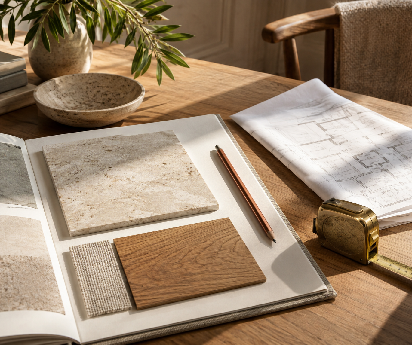 Architectural material samples arranged on a sunlit worktable